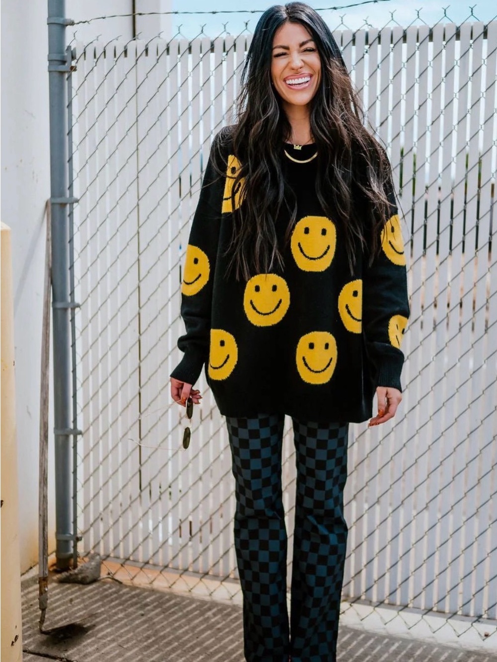 Dressed in LALA Black Sweater with Yellow Smile Faces